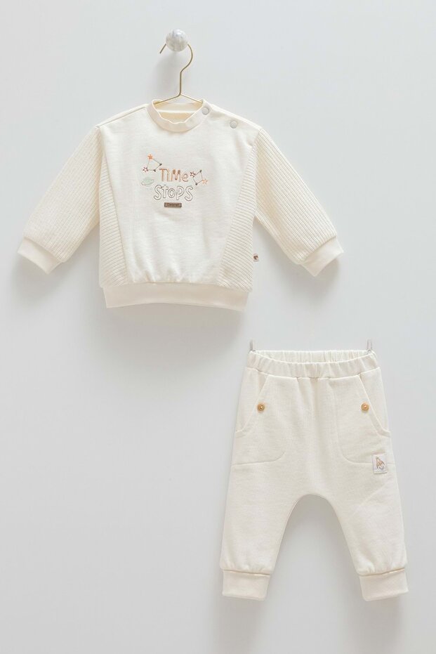 Color World Cep Button Detail Bottom Top Set Cream