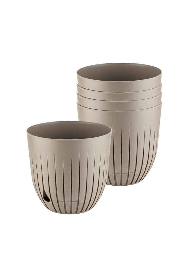 5 Adet Çizgi Saksı Seti 2 Litre Plastik Delikli Tabaklı Çiçek Saksısı Set - 1