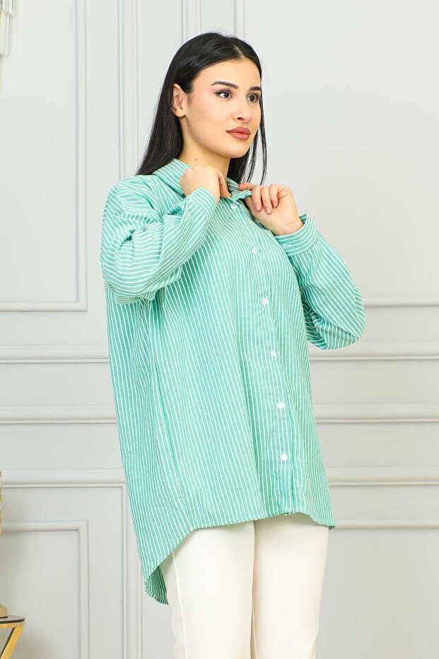 Green Striped Oversize Women's Tunic Shirt