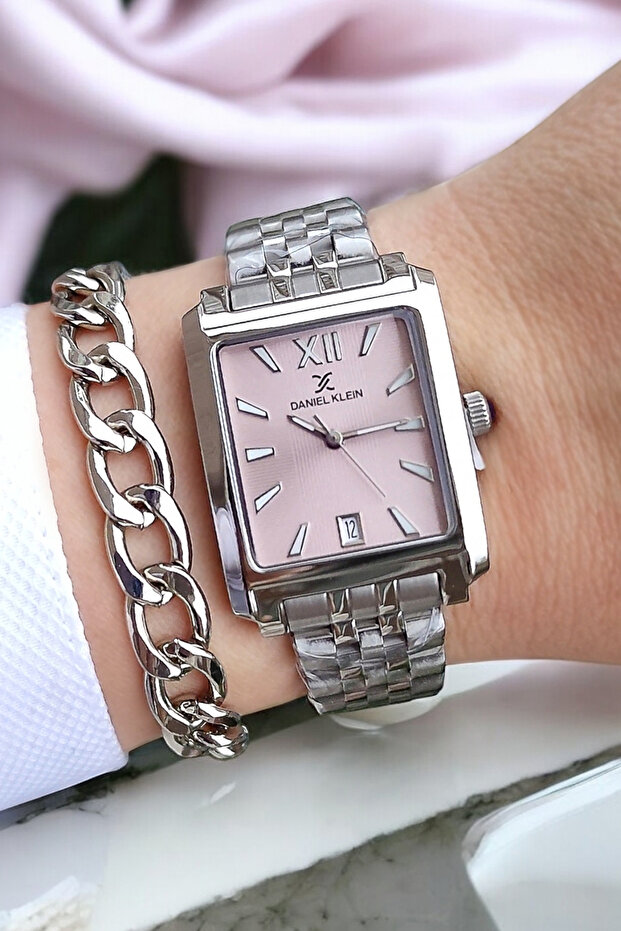 New Model Square Case with Chain 3 Atm Waterproof Pink Dial Women's Wristwatch, Chain Bracelet Gift