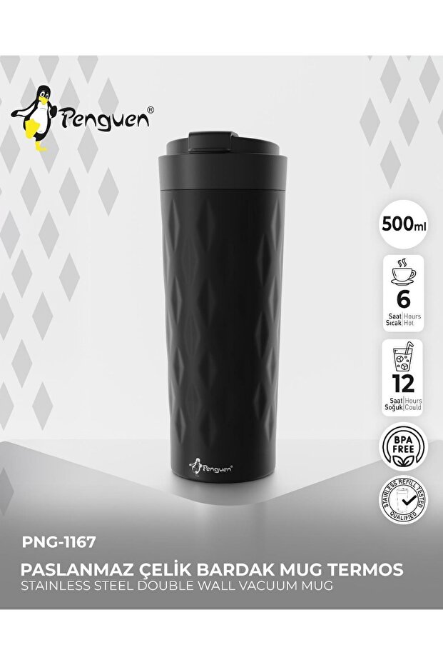 Png-1167 500ml Flip Lid Patterned Steel Mug | 6 Hours Hot 12 Hours Cold | Leak Proof & Bpa Free