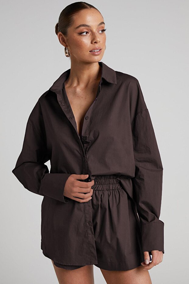 Kahverengi Oversize Basic Kadın Gömlek SH268 - 1