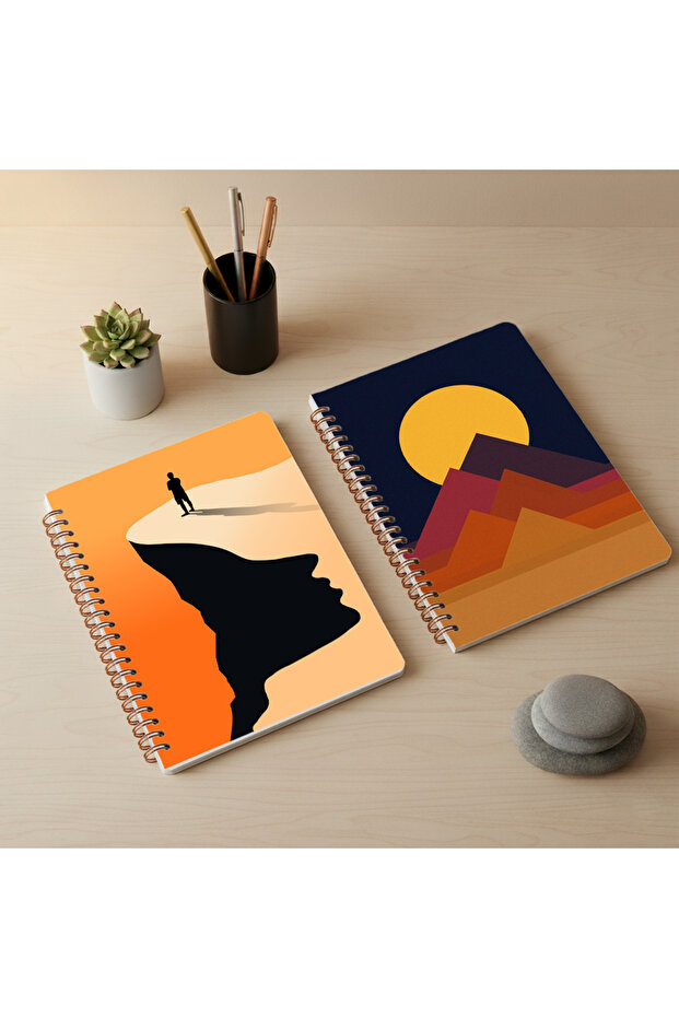 A5 Spiral Telli Defter 2’li Set – 80 Yaprak Piramitler ve Silüet İllüstrasyonu Okul Defteri - 2