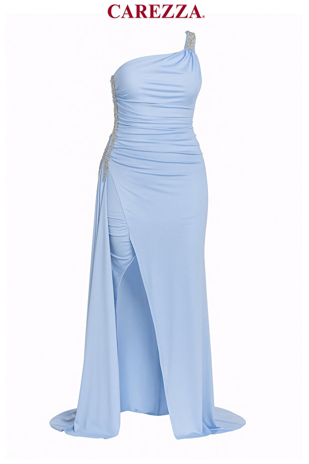 Dralithe - Evening Dress with Stone Stripes and Draped Shiny Fabric - 1