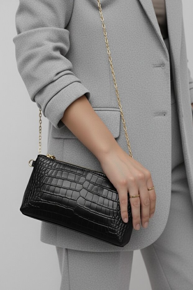 Velia Women's Black Crocodile Clutch and Cross Chain Shoulder Bag
