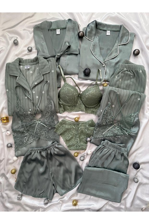 Çağla Satin Boxed 10-Piece Giant Pajama Nightgown Robe Lingerie Dowry Set