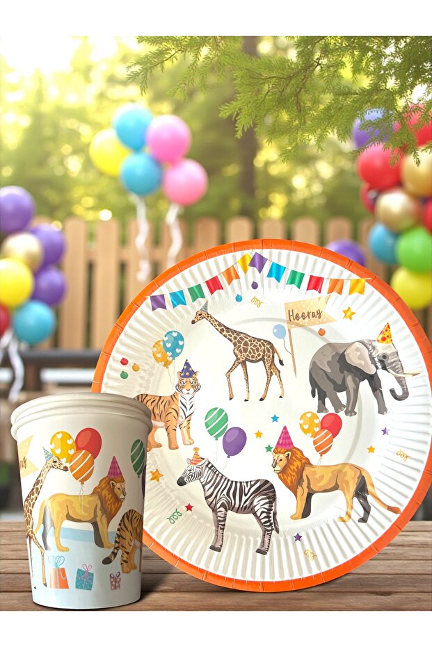 Parti Hayvanları Temalı Karton Tabak Bardak Set 8 tabak 8 bardak - 1