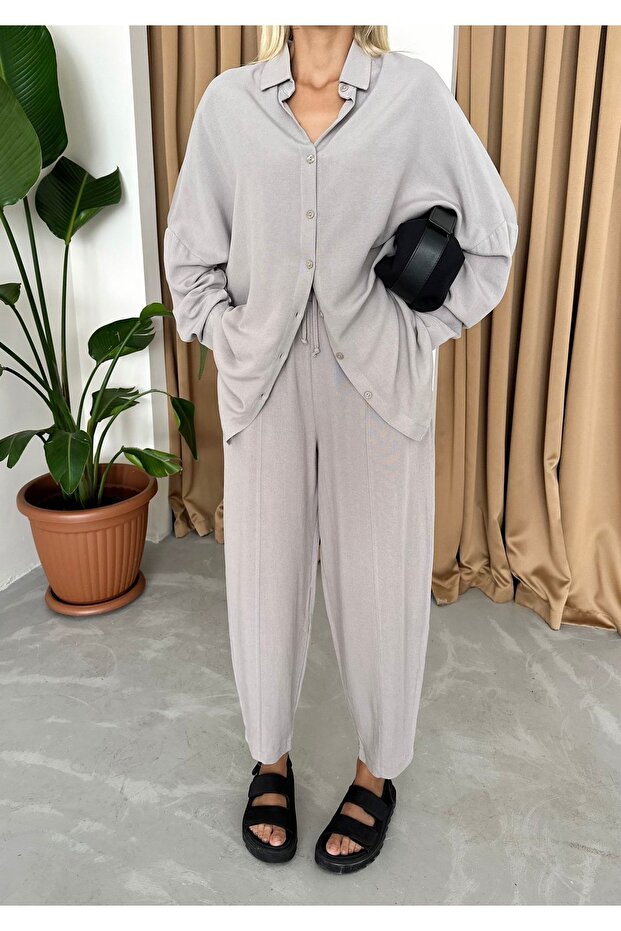 Stone Linen Shirt Harem Pants Two-Piece Set