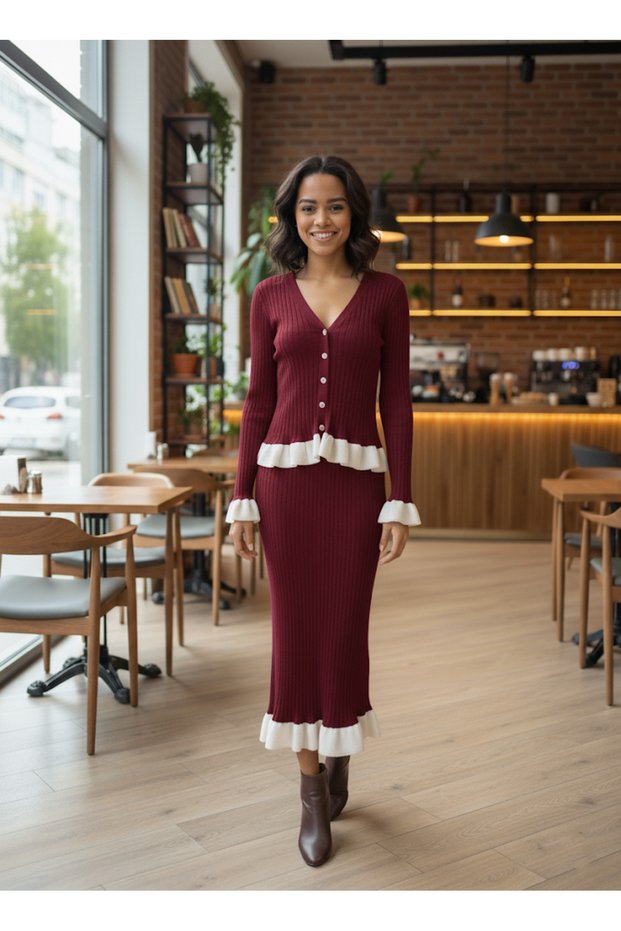 Ribbed Ruffle Detailed Skirt Blouse Knitwear Set