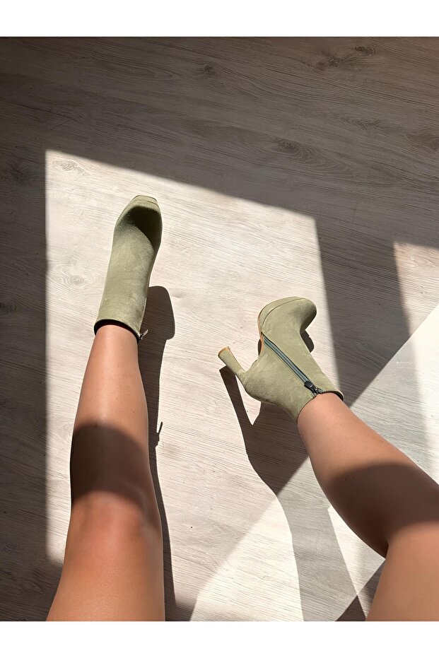 Yeşil Süet Yüksek Platform Topuklu Bot - 7