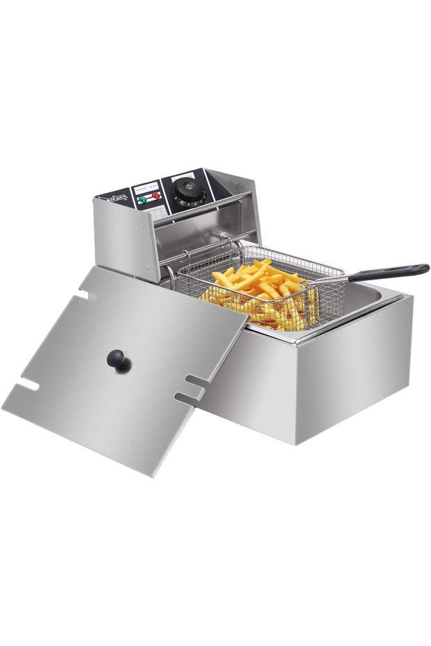 XDD Electric Deep Fryer w/Basket & Lid, Countertop Kitchen Frying Machine, Stainless Steel French Fr