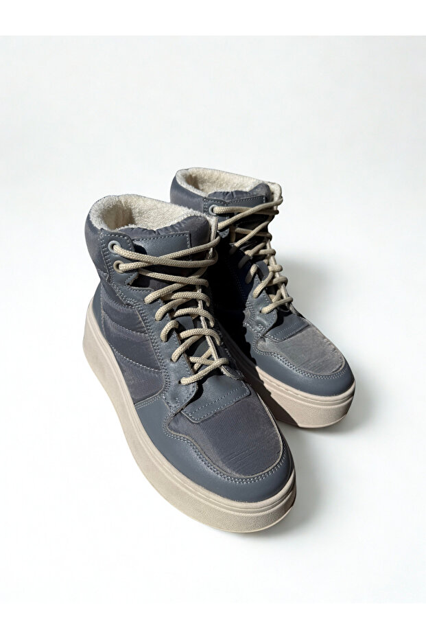 Gri Deri Tekstil Kadın Sneaker Bot - 2