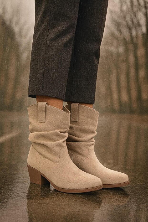 Kalın Topuklu Cilt/Süet Kadın Bot & Bootie - 1