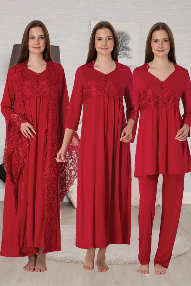 Women's Cherry Design Princess Sleeve Maternity Pajama Set Nightgown 4-Piece Set