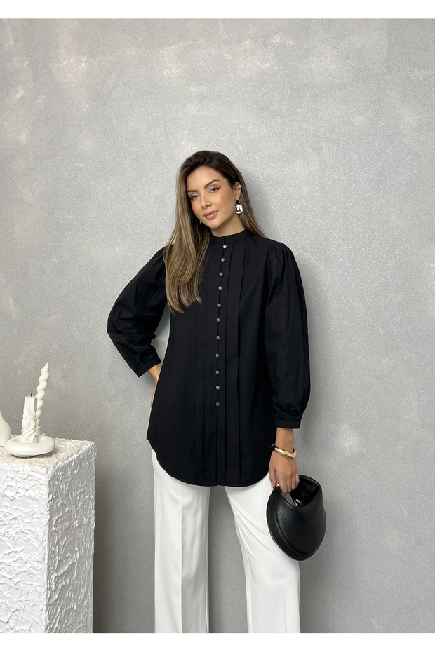 Front Pleated Balloon Sleeve Casual Stylish Evening Women's Shirt