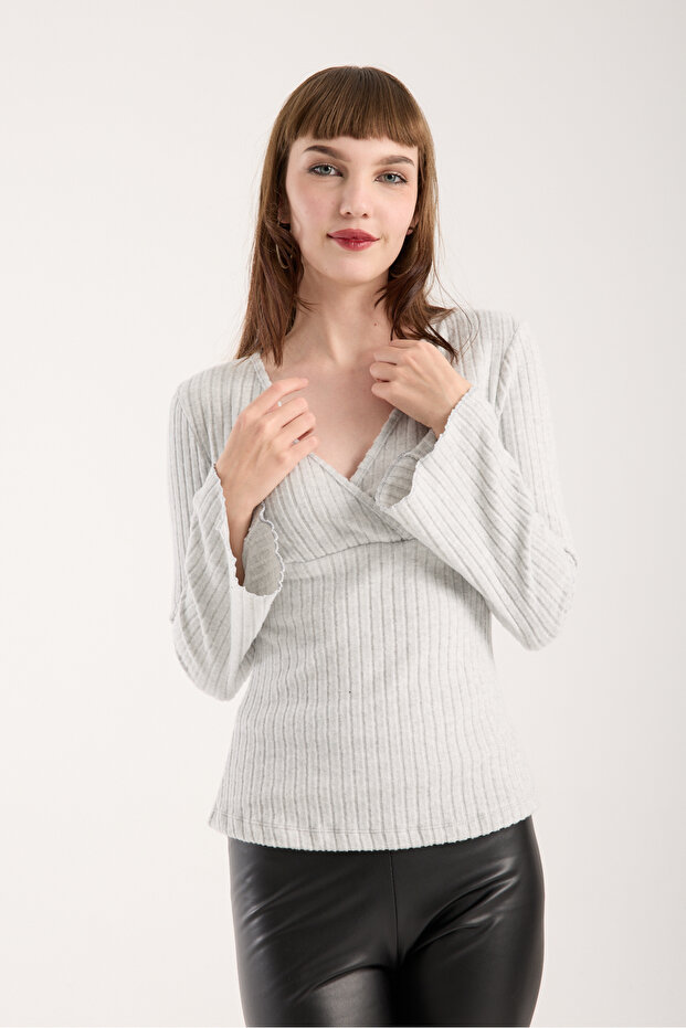 Gri Anvelop Yaka İspanyol Kol Triko Bluz - 3