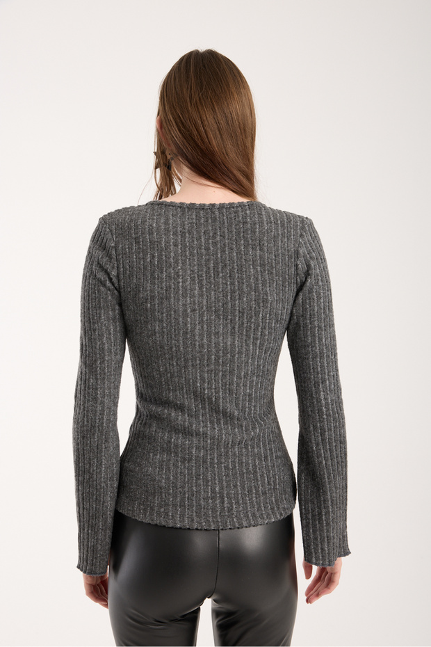 Füme Anvelop Yaka İspanyol Kol Triko Bluz - 6