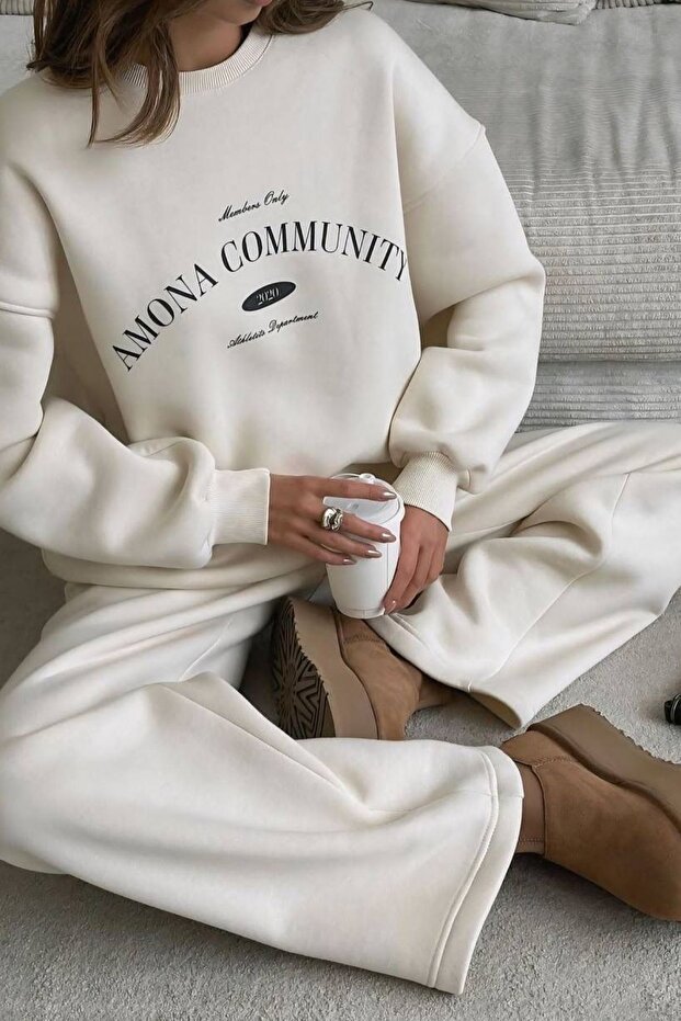 3-Thread Fleece-Lined Embroidered Top and Bottom Set