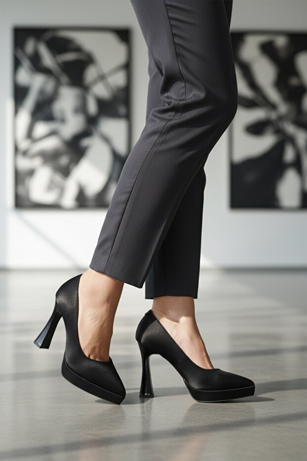 Black Satin Thin Long Women's Heeled Shoes 448206 Z