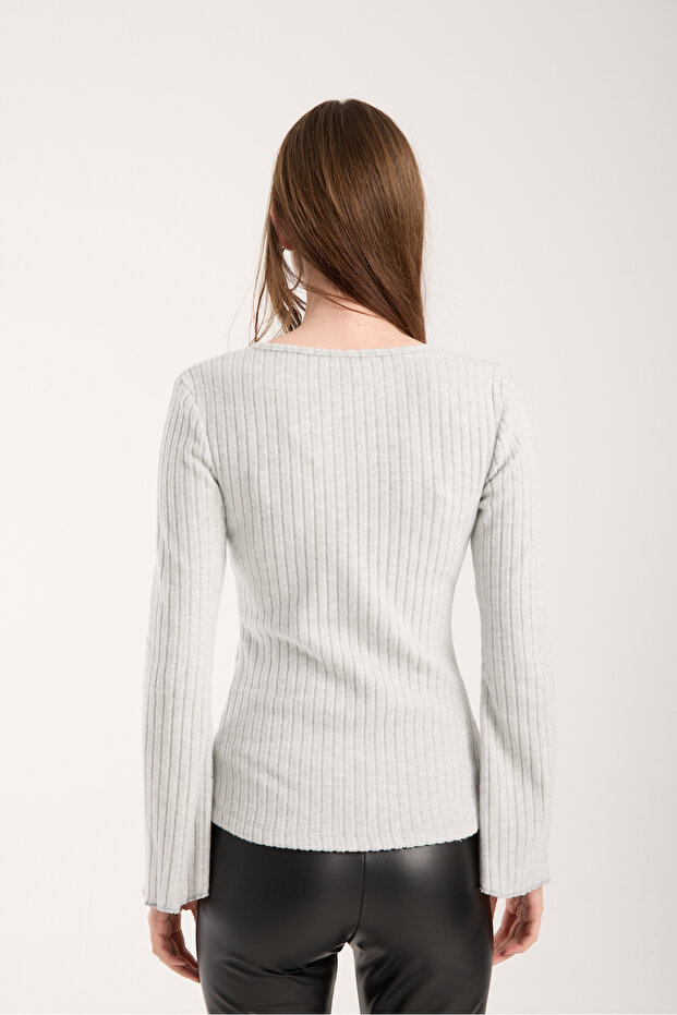 Gri Anvelop Yaka İspanyol Kol Triko Bluz - 5