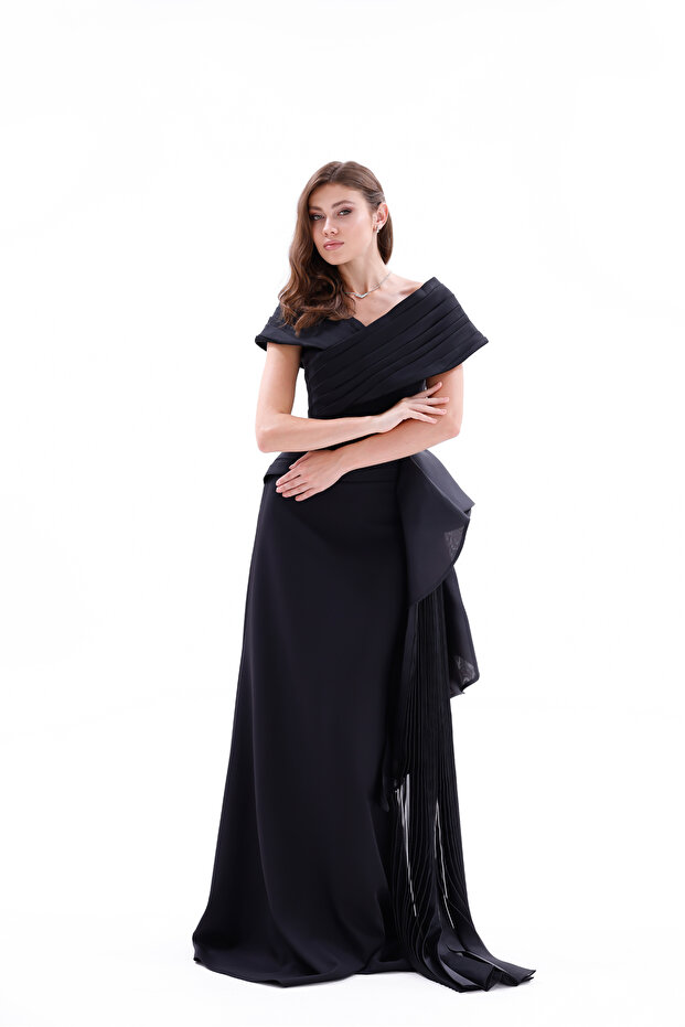 Drapeli Kuşak Detaylı Uzun Krep Abiye Elbise - 4