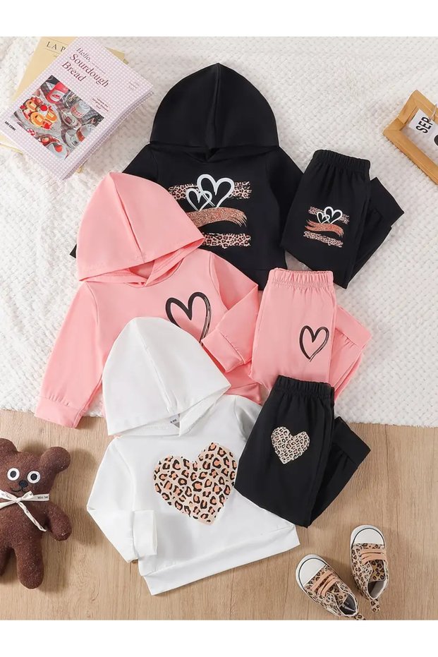 Girl's 6-Piece Hooded Hearts Printed Ribbed Sweatshirt-Sweatpants Set (Black-White-Pink)