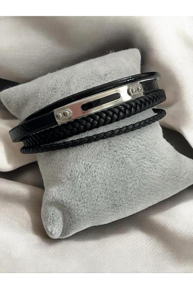 Men's Black Steel Mesh Knitted Genuine Leather Bracelet