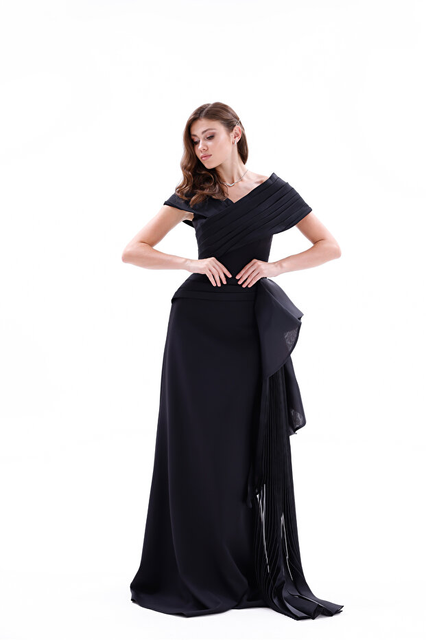 Drapeli Kuşak Detaylı Uzun Krep Abiye Elbise - 5