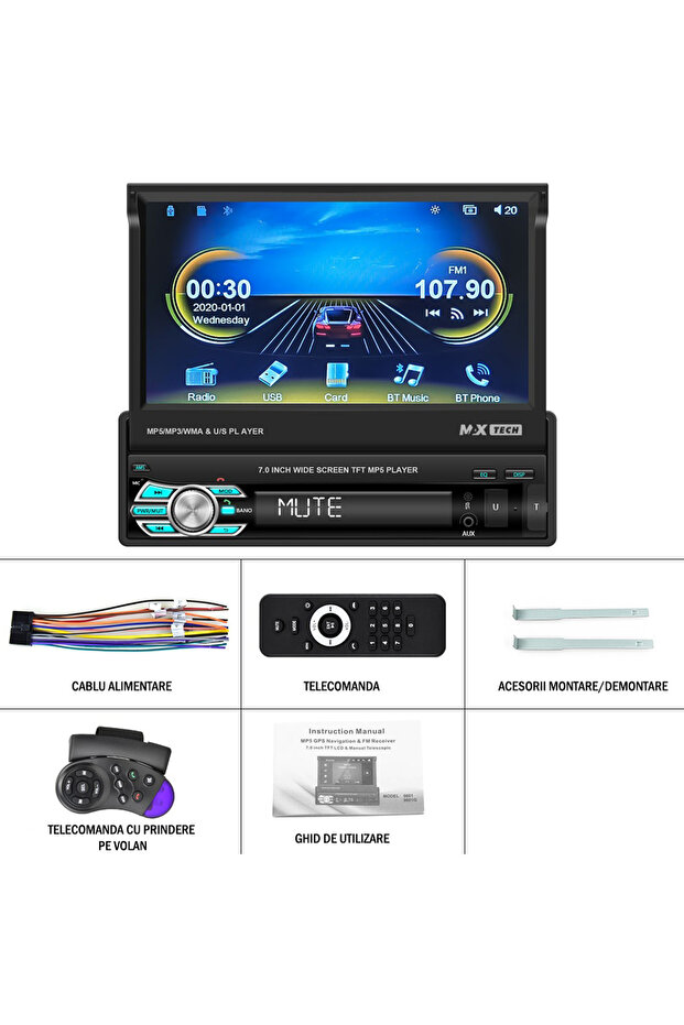 MP5 Player Universal Cu Android, MaxTech®, Casetofon cu Ecran Retractabil, Ecran LCD de 7 inch - 4