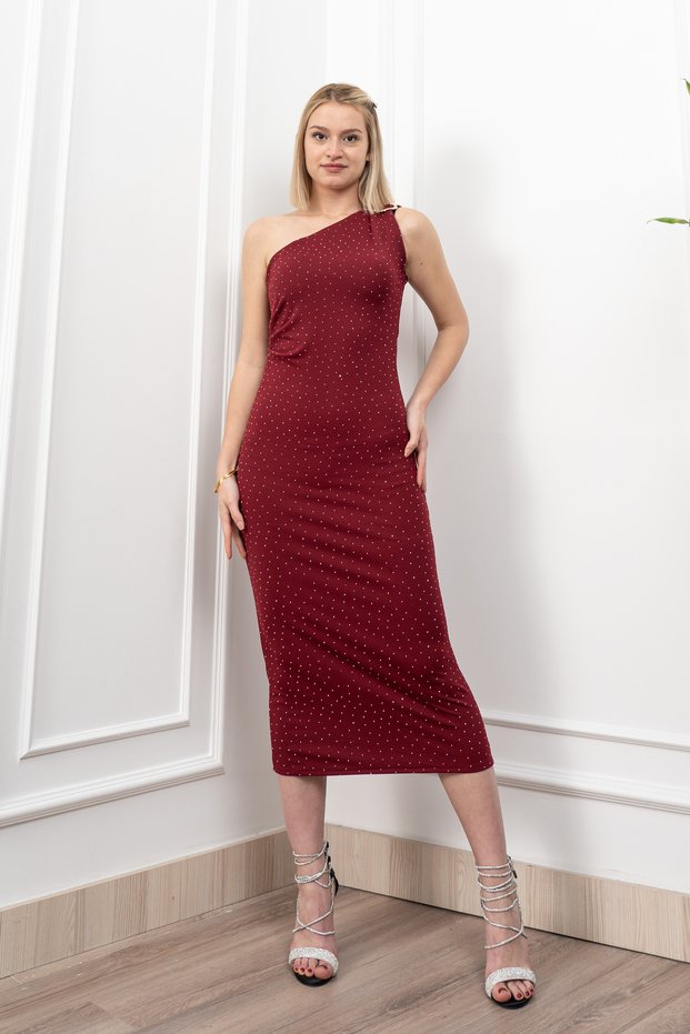 Women's Winter Claret Red Miss Vina Detailed One-Shoulder Dress Stylish Daily Comfortable 50339