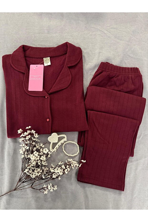 Sofliş Burgundy Winter Thermal Merlin Fabric Pajama Set