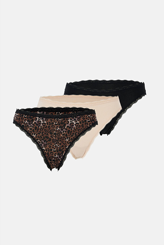 Beige-Brown-Black Women's 3-Piece Lace Detailed Patterned Brief Panties
