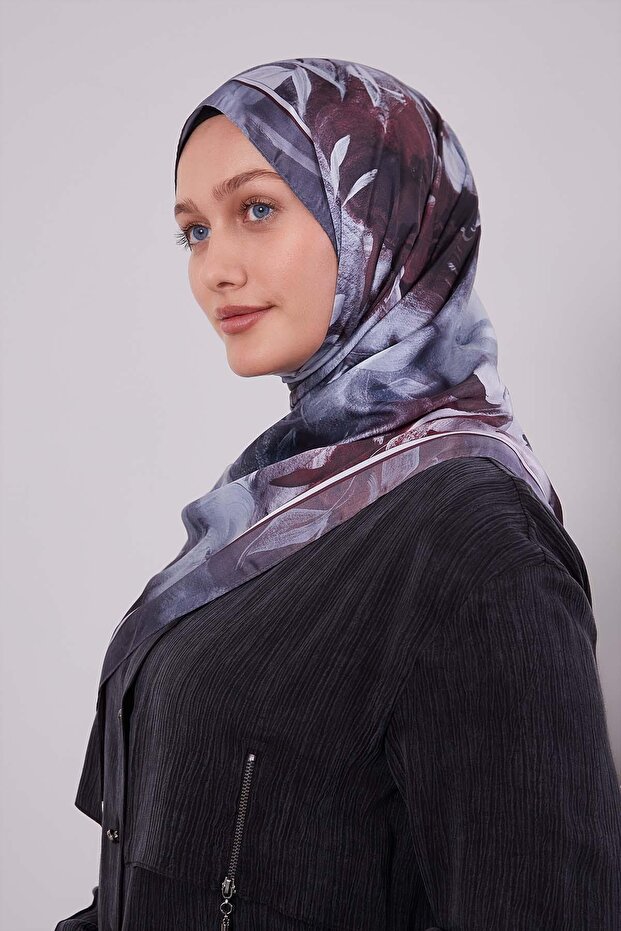 Gray Mixed Leaf Pattern Indian Silk Shawl - 2