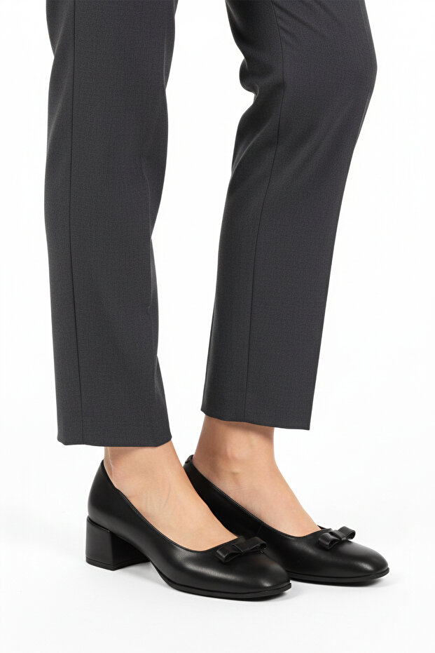 Black Leather Bow Ribbon Women's Heeled Shoes 519081 Z
