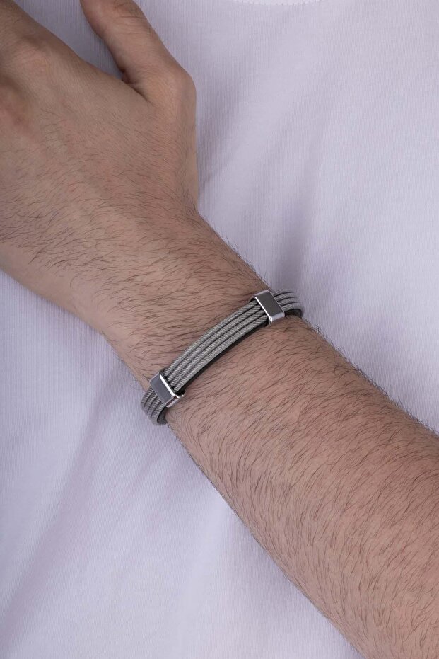 Striped 4 Row Knitted Model Men's Leather Bracelet