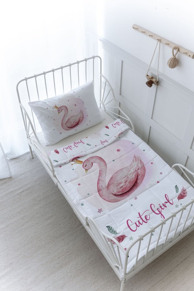 Organic Printed Baby (100X150) Quilt Set - for Baby Series - Swan on Pink Background