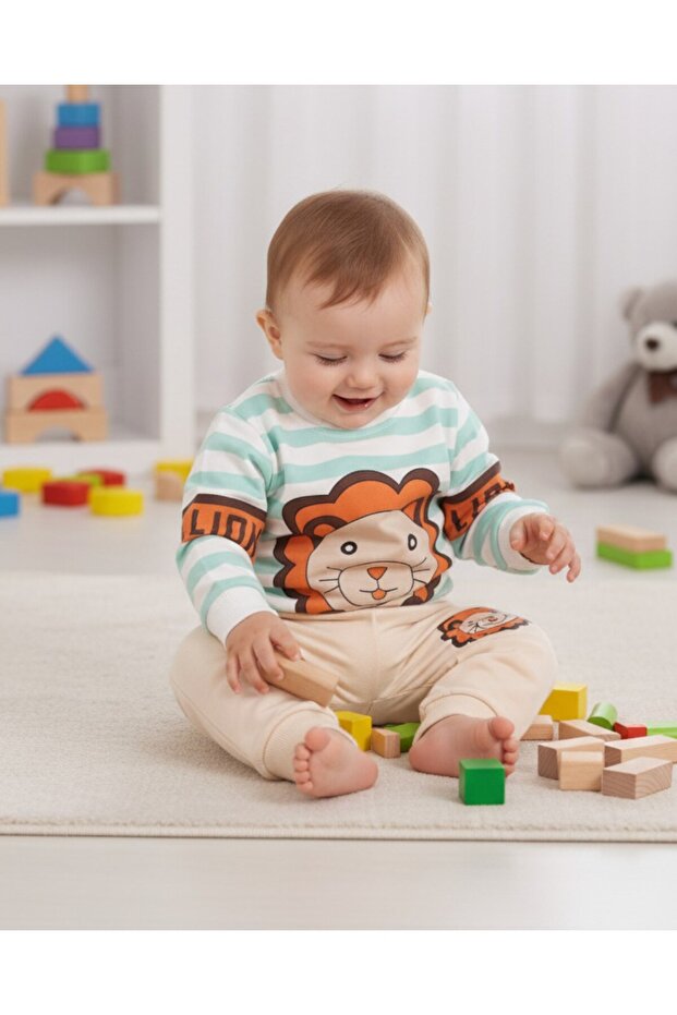 Lion Patterned Baby Set (3-18 Months) - Striped Long Sleeve Sweatshirt and Sweatpants