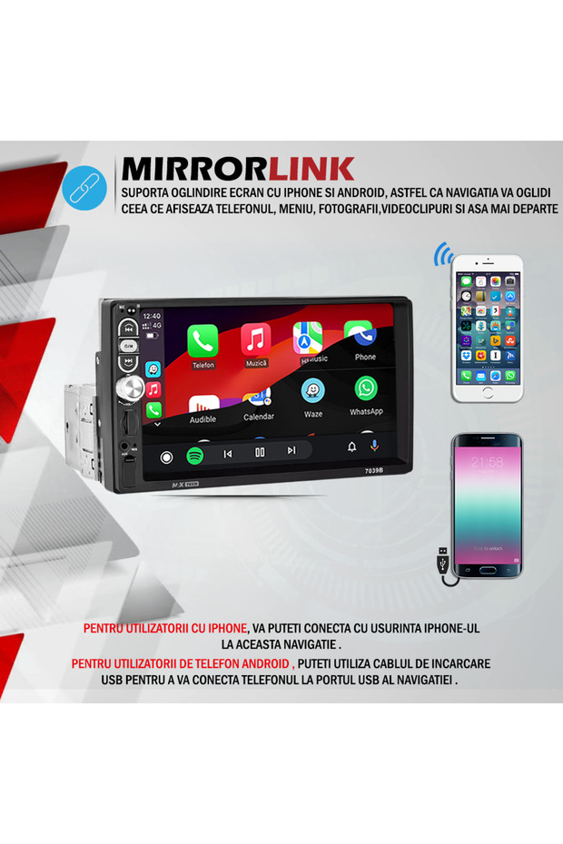 MP5 Player universal Carplay si Android auto 1 Din, MaxTech®, display HD de 7 inch, Camera - 7