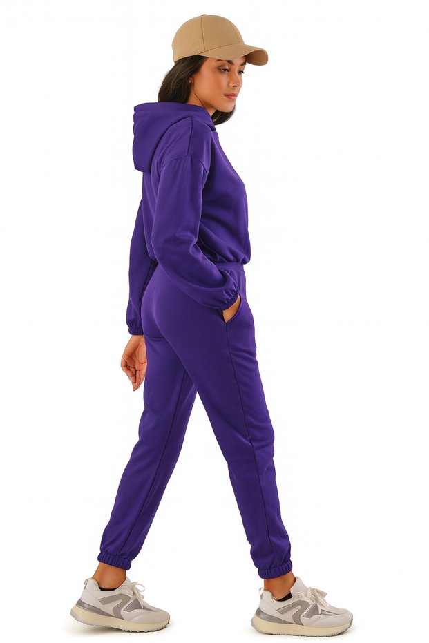 Women's 3 Thread Fleece Hooded Tracksuit - Elastic Waist, Sleeve and Leg Detailing