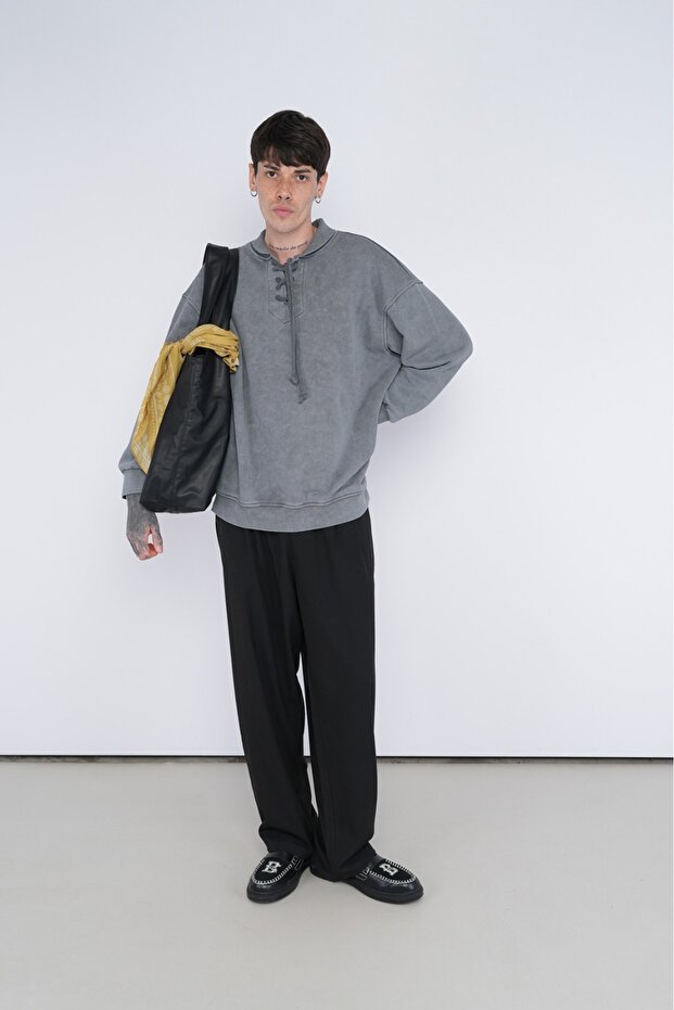 Oversize Bağcıklı Sweatshirt - 1