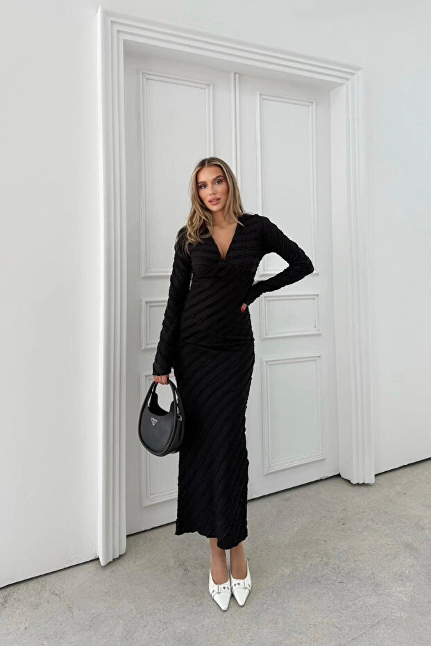 V Yaka Ters Dikiş Gofre Uzun Kalem Elbise - 5