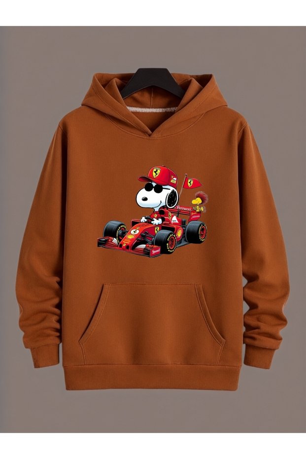 Unisex Snoopy Ferrari Colorful Custom Printed Cotton Oversize Hooded Sweatshirt