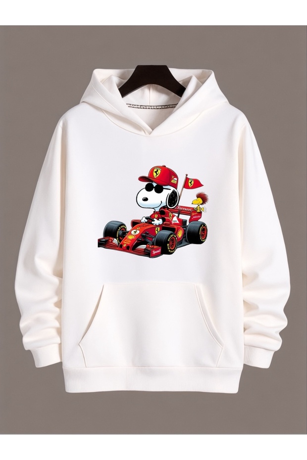 Unisex Snoopy Ferrari Colorful Custom Printed Cotton Oversize Hooded Sweatshirt