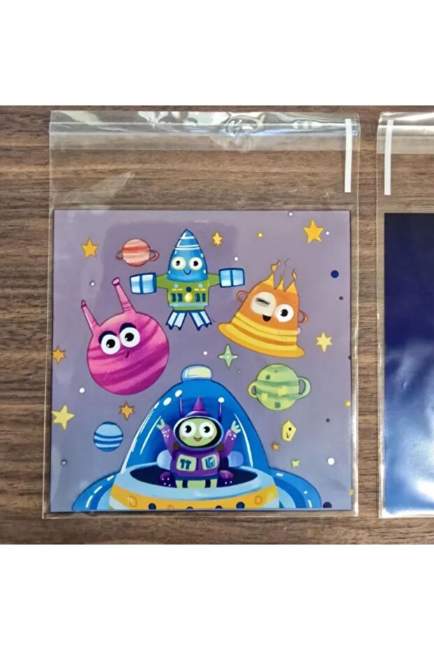 Uzay Desen Kurabiye Poşeti, Çikolata, Şeker Poşeti Hediyelik Poşeti Bantlı Jelatin OPP 10X10 95 Adet - 2