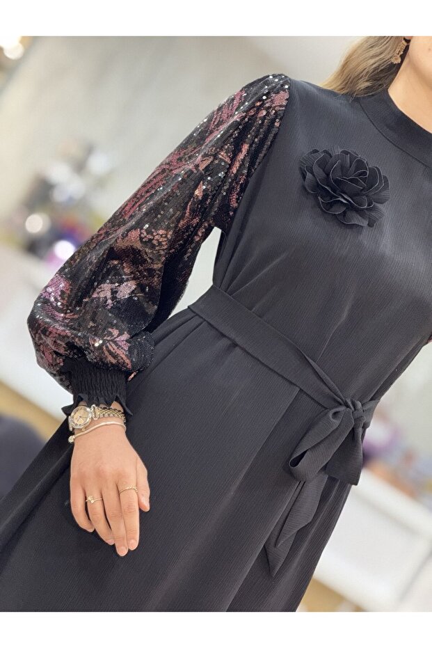 Pul Payet Kol Detaylı Elbise - 2