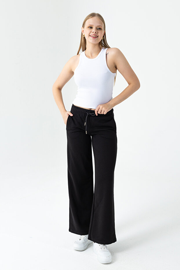 Women's Adjustable Waist Wide Leg Double Pocket Sweatpants Black - Mw0000199