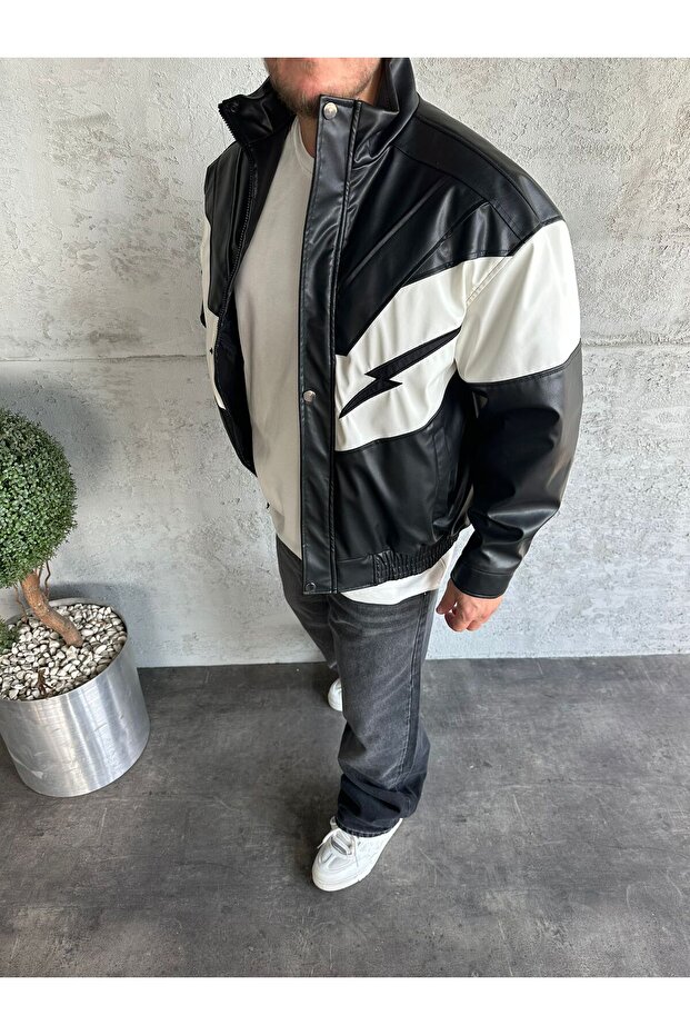 Black Patchwork Leather Jacket - 2