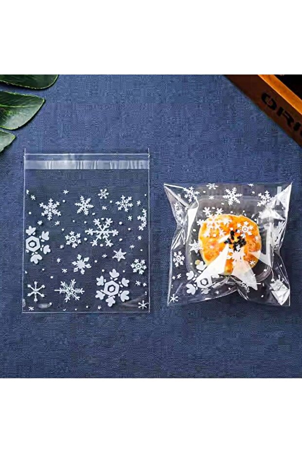 Kar Tanesi Kurabiye Poşeti, Çikolata, Şeker Poşeti, Hediyelik Poşeti, Bantlı Jelatin OPP 7x7 95 Adet - 1