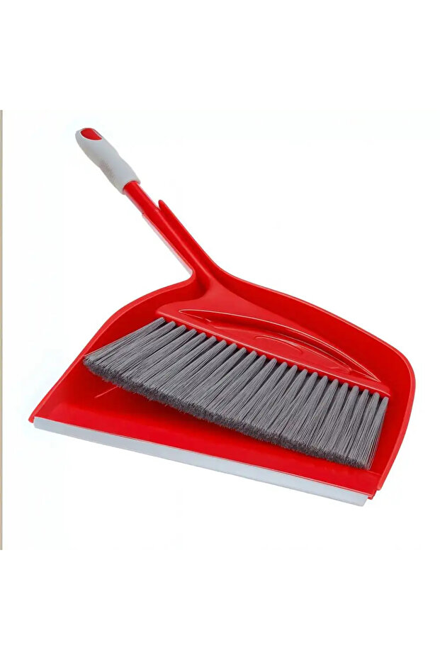 Table Dustpan And Sweeping Long Handle Brush Set With Long Bristle- Red