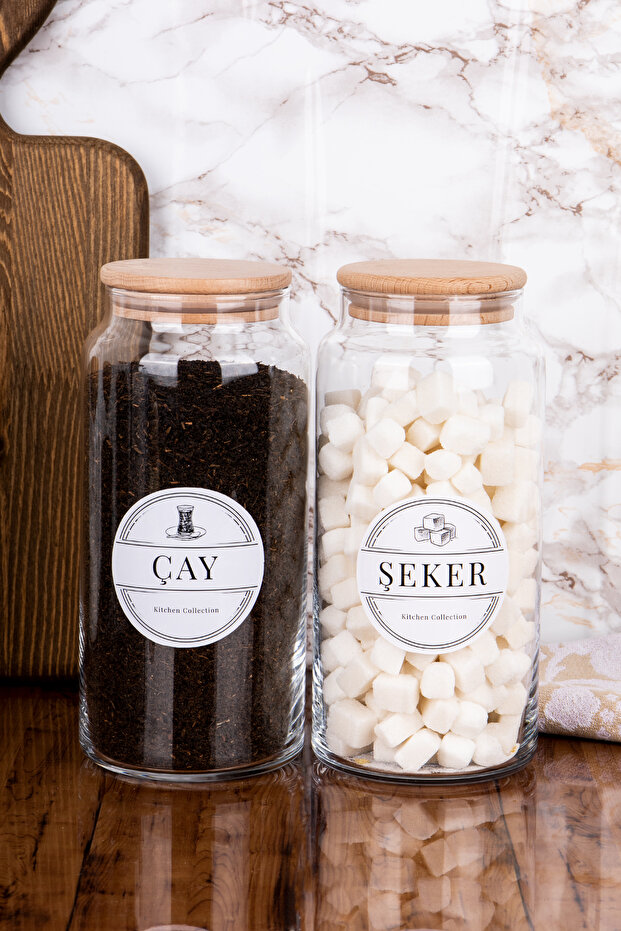 2 Adet Cam Kavanoz Seti Ahşap Vakum Kapaklı Çay Şeker Saklama Kavanozu 1300 ml - 2